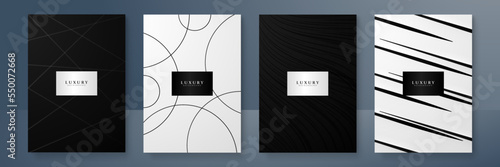 Modern cover design set. Gold abstract line pattern (wave curves) in premium colors: black and gold . Luxury wavy stripe vector layout for business background, certificate, brochure template