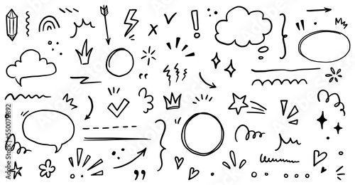 Sketch underline, emphasis, arrow shape set. Hand drawn brush stroke, highlight, speech bubble, underline, sparkle element. Vector illustration.