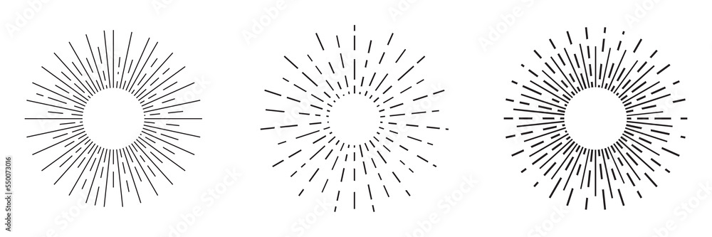 Set of sunbeams hand drawn, line drawing. Set of sunbeams hand drawn, line drawing.