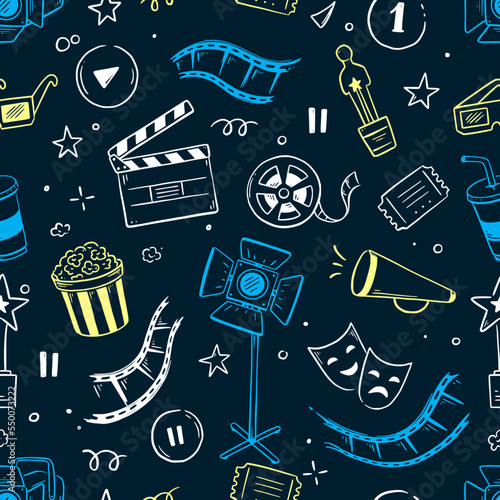 Movie, cinema vector pattern. Doodle hand drawn sketch style movie seamless pattern. Cinema elements for media production, festival, theater background. Vector illustration.