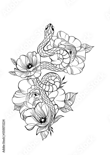 Tattoo snake with flowers detailed sketch