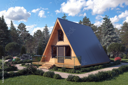 3d rendering of A-frame House. Modern new frame country house standing in a mixed forest in front of the camera against the backdrop of pines and firs. 