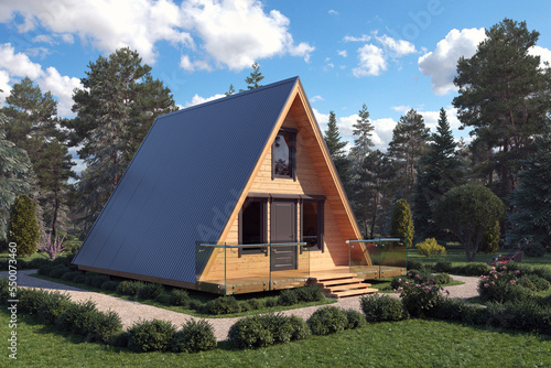3d rendering of A-frame House. Modern new frame country house standing in a mixed forest in front of the camera against the backdrop of pines and firs. 