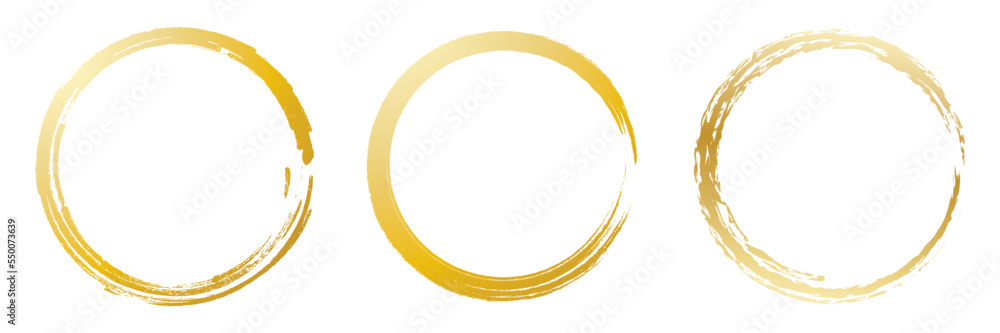 Golden circle with golden brush texture on white background. Set of round brush strokes. Golden circle with golden brush texture on white background. Set of round brush strokes.
