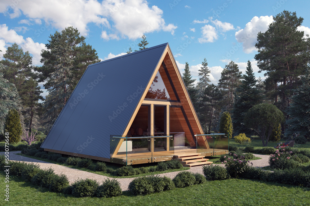 3d rendering of A-frame House. Modern new frame country house standing in a mixed forest in front of the camera against the backdrop of pines and firs. 