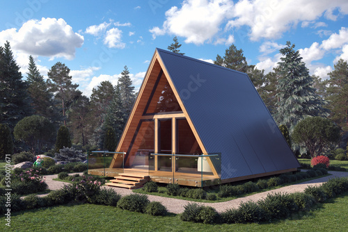 3d rendering of A-frame House. Modern new frame country house standing in a mixed forest in front of the camera against the backdrop of pines and firs. 