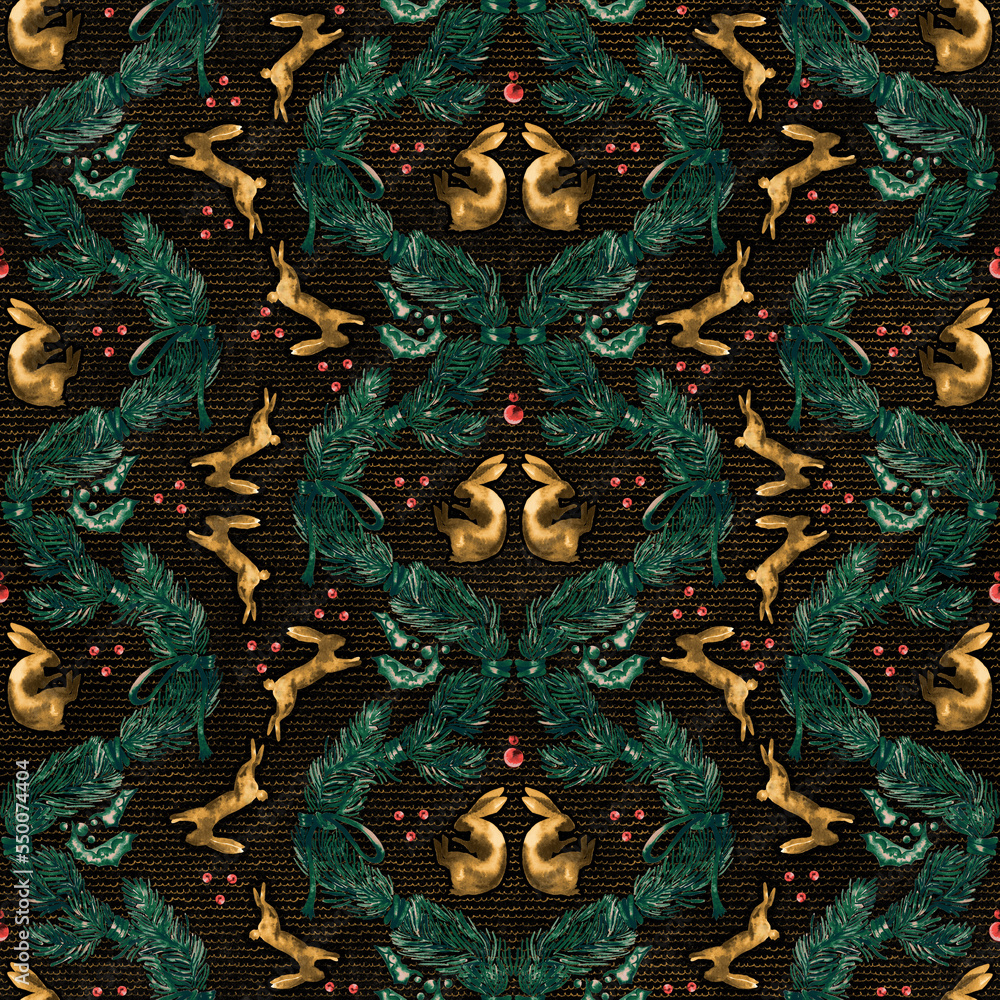 Christmas rabbit pattern. Trendy New Year 2023 seamless background, textile, fabric design.