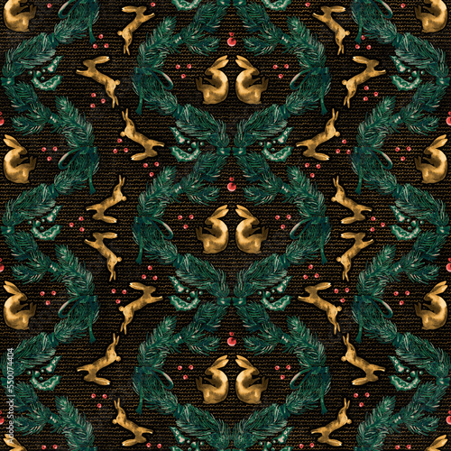 Christmas rabbit pattern. Trendy New Year 2023 seamless background, textile, fabric design.