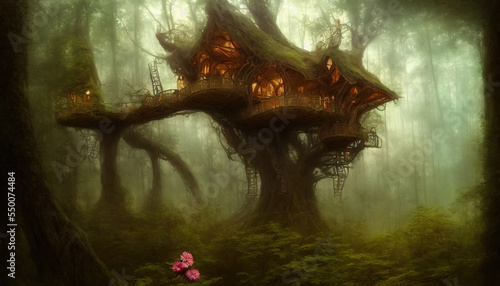magical treehouse in a forest mysterious background. © maciek