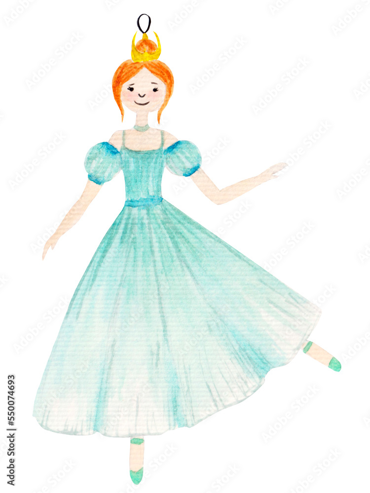 Fototapeta premium Watercolor illustration, ballerina in blue dress, toy for Christmas tree and New Year. For various holiday products.
