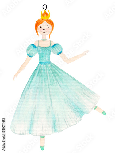 Watercolor illustration  ballerina in blue dress  toy for Christmas tree and New Year. For various holiday products.