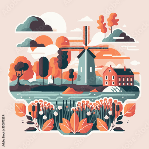 Amsterdam Netherlands Travel destination landmark vector flat illustration