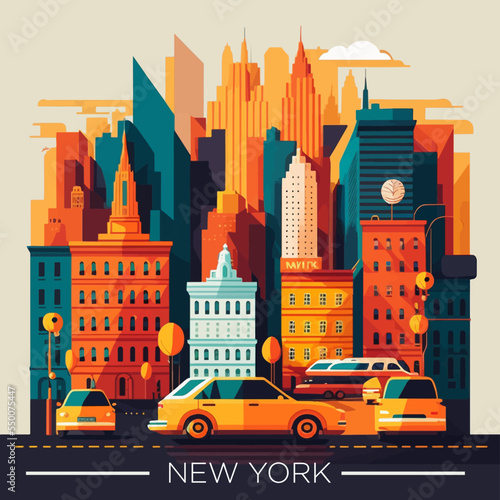Illustration of travel New York City landscape of buildings flat vector logo