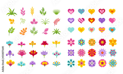 Big set of flowers, hearts, twigs and leaves. Bright multicolored flat icons. 