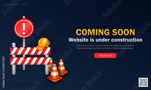 Template of website page with 3d orange traffic cones, helmet, red road sign and striped roadblock. Dark blue banner with text - Coming soon. Website is under construction. Maintenance background