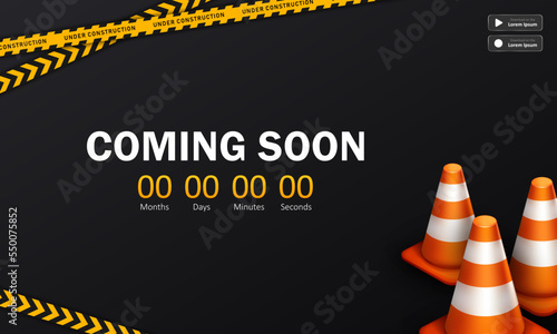 Template of dark website page with 3d orange traffic cones and striped yellow barrier tape. Black vector banner with app buttons, countdown timer and white text - Coming soon.