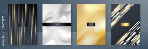 Technology cover background design set. Luxury line pattern (wave curves) in premium gold, black. Vector tech backdrop for business layout, digital certificate, formal brochure template, network