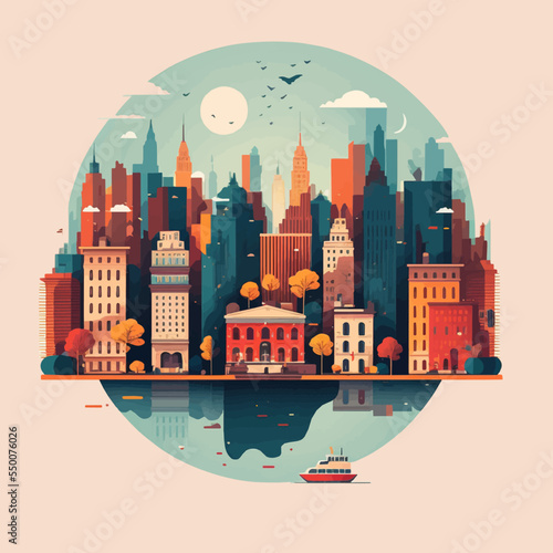 Illustration of travel New York City landscape of buildings flat vector logo