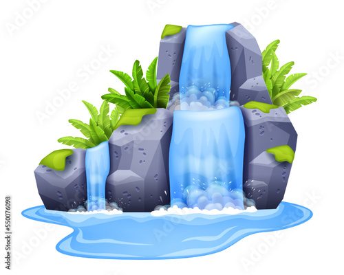 Fotografia Waterfall vector illustration, tropical jungle water cascade, cartoon game nature river fall clipart