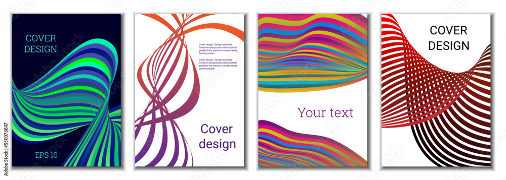 A set of 4 abstract covers. Wavy parallel gradient lines, ribbons evolve. Cover design, background. Trendy banner, poster. A set of 4 abstract covers. Wavy parallel gradient lines, ribbons evolve. Cover design, background. Trendy banner, poster.