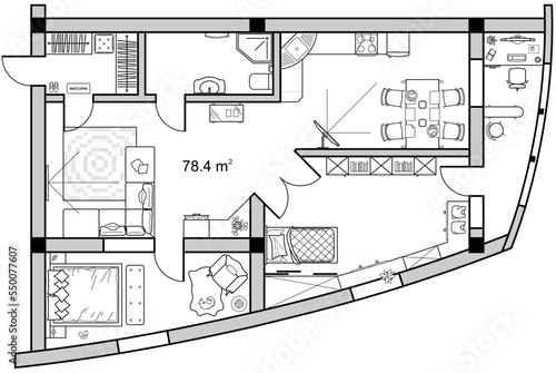 Architectural layout of the house. Floor plan in top view with furniture placement. Kitchen, bedrooms, living room, dining room and bathroom. Interior design project, icon set view from above. Vector