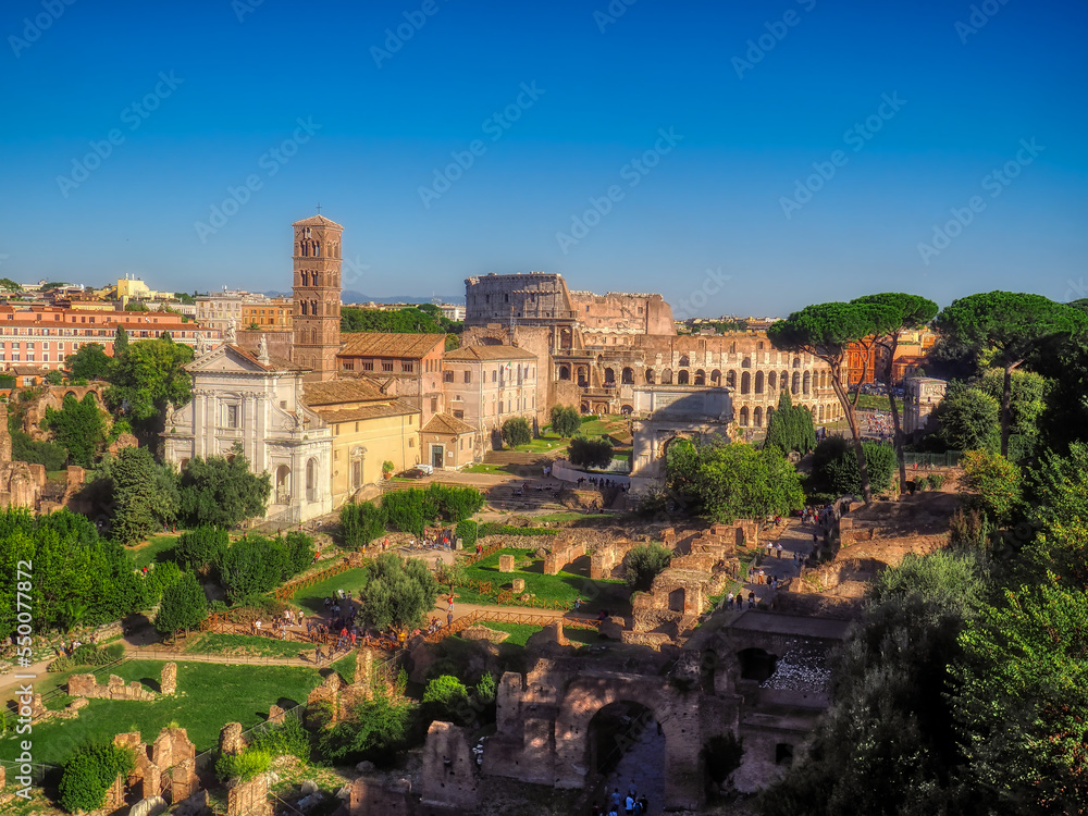 Aerial view of the Roman Forum and the Colosseum, Rome, Italy