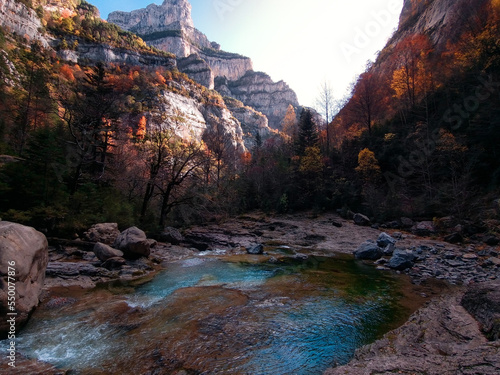 Autumn view in the Añisclo canyon in the Natural Park of Ordesa y Monte Perdido, with the Rio Bellos in the province of Huesca, Aragon. Spain. 