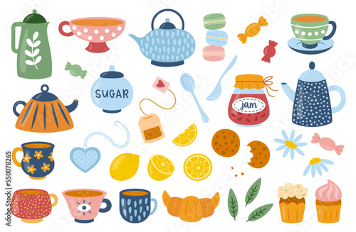 Tea time or coffee set with cute cartoon cups, mugs, teapots, spoons, tea bag, infuser, sweets, sugar, macarons, candy, cupcake, croissant, cookie, jam, lemon, camomile. Vector kitchen elements theme