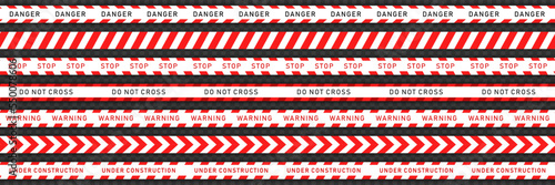 Big collection of 7 red tapes with white stripes for construction works or crime scene. Seamless warning, caution ribbons on transparent background. Template of endless "Do not cross" line for safety