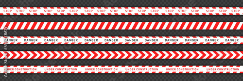 Collection of 5 red tapes with white stripes for construction works or crime scene. Seamless warning, caution ribbons on transparent background. Template of endless "Do not cross" line for safety