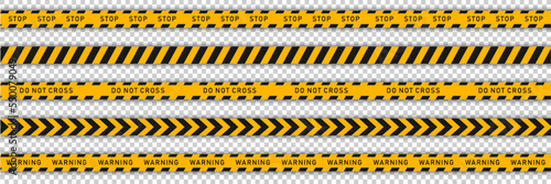 Collection of 5 yellow tapes with black stripes for construction works or crime scene. Seamless warning, caution ribbons on transparent background. Template of endless "Do not cross" lines for safety