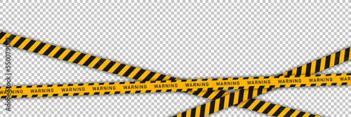 Yellow barricade tape with black diagonal stripes and text "WARNING" isolated on transparent background. Vector template of seamless caution ribbon for construction works or crime scene