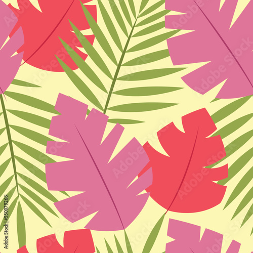 Vector seamless pattern with colorful tropical leaves