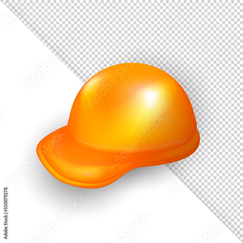 3d glossy yellow safety helmet. Three dimensional hard cap isolated on white and transparent background. Protective equipment (hard hat) for construction, engineering, maintenance, carpentry work, etc