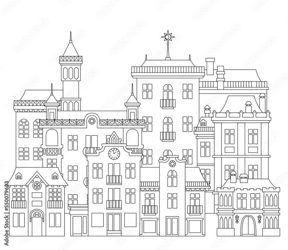 Vector line art illustration. Cityscape with various old style houses with towers and balconies. Coloring book page.