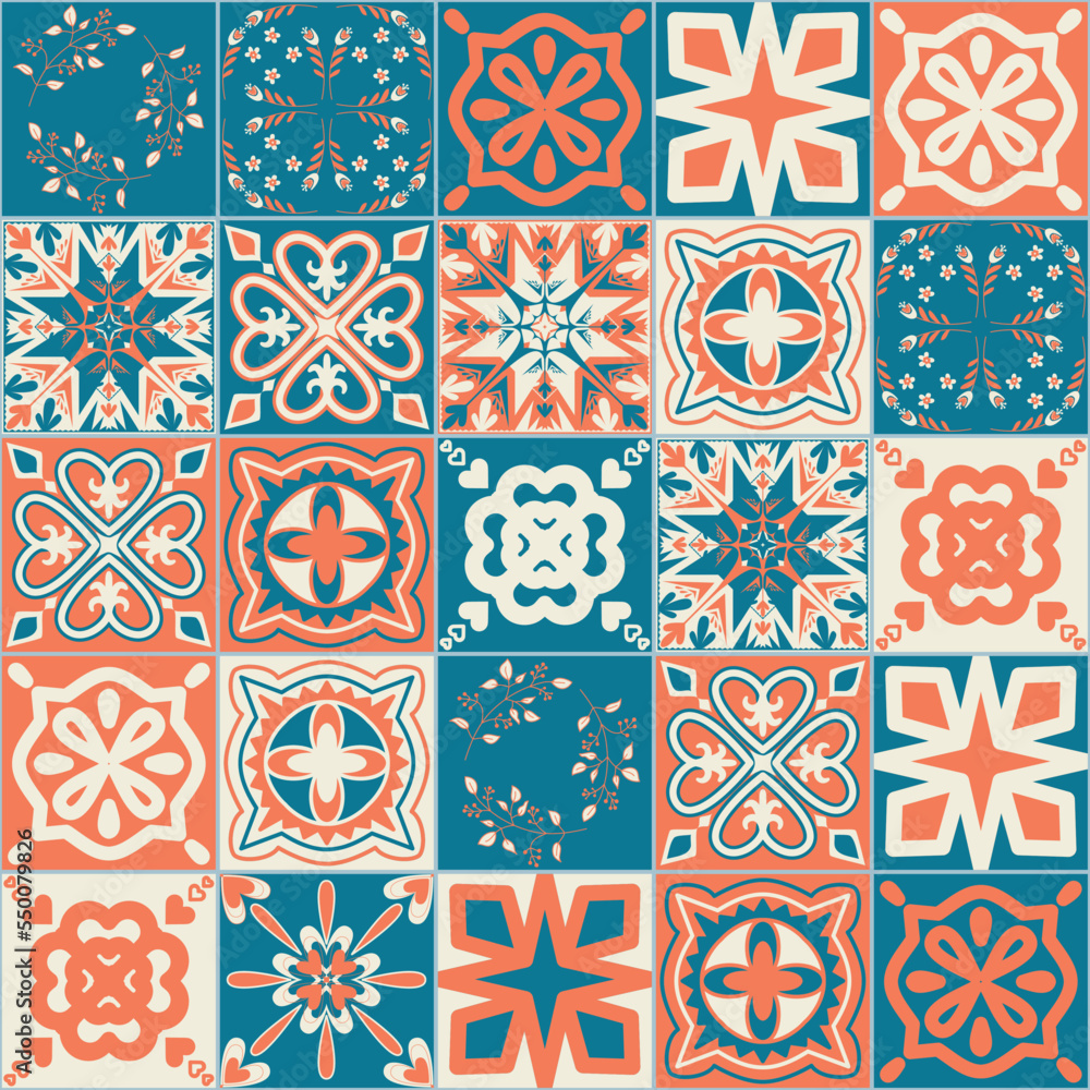 square patterns orange blue color, trendy patchwork ceramic tile design vector Illustration
