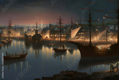 A Busy Renaissance Era Harbor at Twilight with the Stars Above. [Digital Art Painting, Sci-Fi / Fantasy / Horror Background, Graphic Novel, Postcard, or Product Image] photo