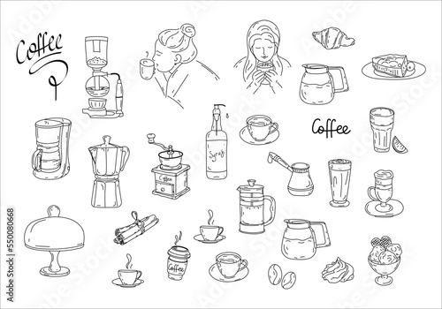 Hand-drawn coffee set. Editable outline
