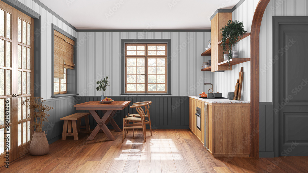 Fototapeta premium Farmhouse wooden kitchen with dining room in white and gray tones. Cabinets and table with chair. Wallpaper and parquet floor. Japandi interior design