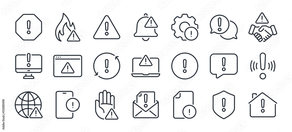 Exclamation mark, alert, warning and error concept editable stroke outline icons set isolated on white background flat vector illustration. Pixel perfect. 64 x 64. - obrazy, fototapety, plakaty 