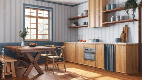 Farmhouse wooden kitchen and dining room in white and blue tones. Cabinets and table with chair. Wallpaper and parquet floor. Wabi sabi interior design photo