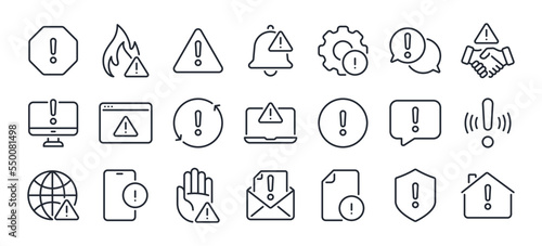 Exclamation mark, alert, warning and error concept editable stroke outline icons set isolated on white background flat vector illustration. Pixel perfect. 64 x 64.