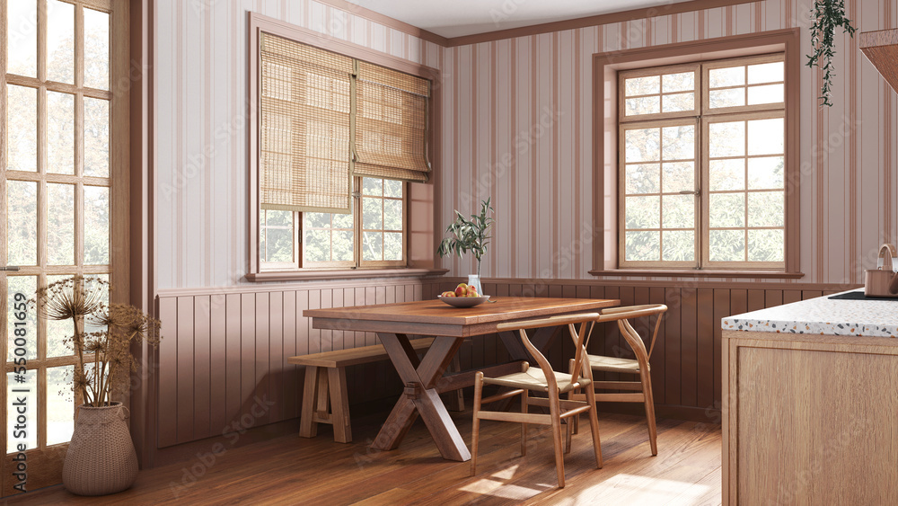 Farmhouse wooden dining room in white and orange tones. Cabinets and table with chair and bench. Wallpaper and parquet floor. Rustic interior design Farmhouse wooden dining room in white and orange tones. Cabinets and table with chair and bench. Wallpaper and parquet floor. Rustic interior design