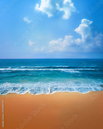 summer and vacation background of beach shore with sand a wave and blue sky