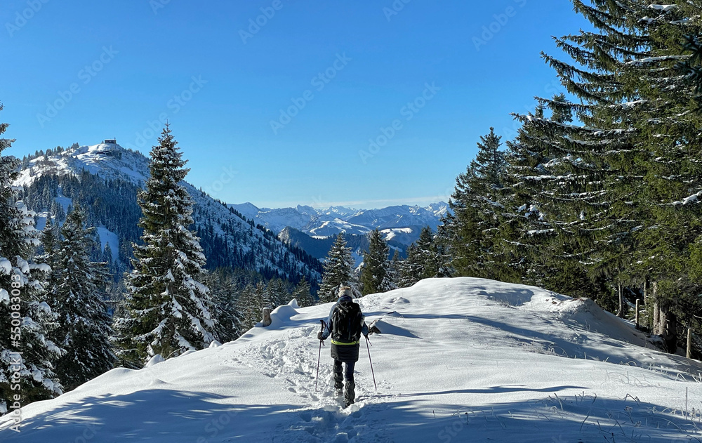 Bergwanderer im ersten Schnee am Riesenberg im Hochries Gebiet, Alpen, Chiemgau, Bayern, Deutschland