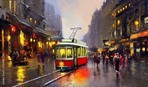 Old tram in the city.  Night view of the city. Oil paintings landscape, night view of the city of the city. Artwork, fine art, people walking on the street at night