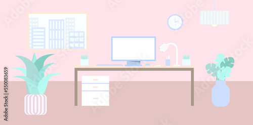 workspace illustration, home studio, office: desk, computer, plants, clock, window, city view, lamp, creative workplace environment,  horizontal banner, vector composition