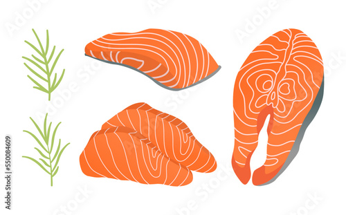 Fresh salmon piece, steak with rosemary isolated on white background vector illustration