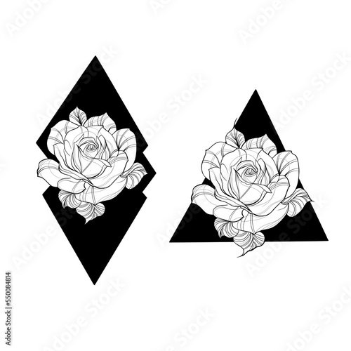 Detailed sketch of a rose flower tattoo. Decorative elements for tattoo, gree...