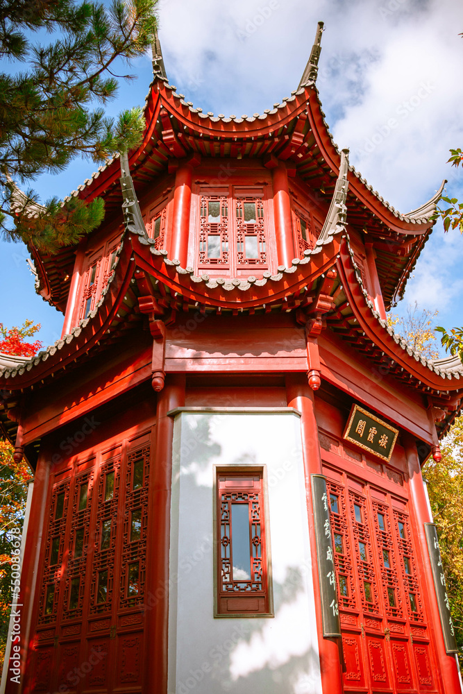 MONTREAL, CANADA - June 2022: Chinese temple in the Chinese Garden section in Montreal Botanical Garden, Quebec, Canada MONTREAL, CANADA - June 2022: Chinese temple in the Chinese Garden section in Montreal Botanical Garden, Quebec, Canada